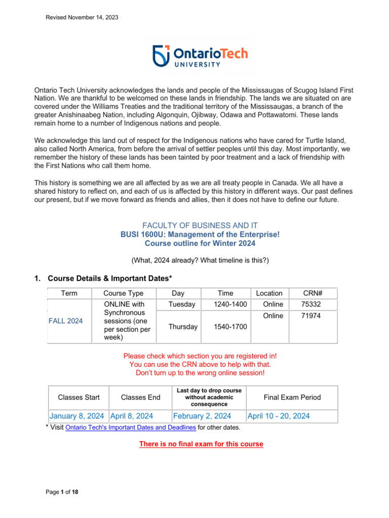 FBIT - Course Outline BUSI 1600U - Winter 2024 | PDF | Turnitin ...