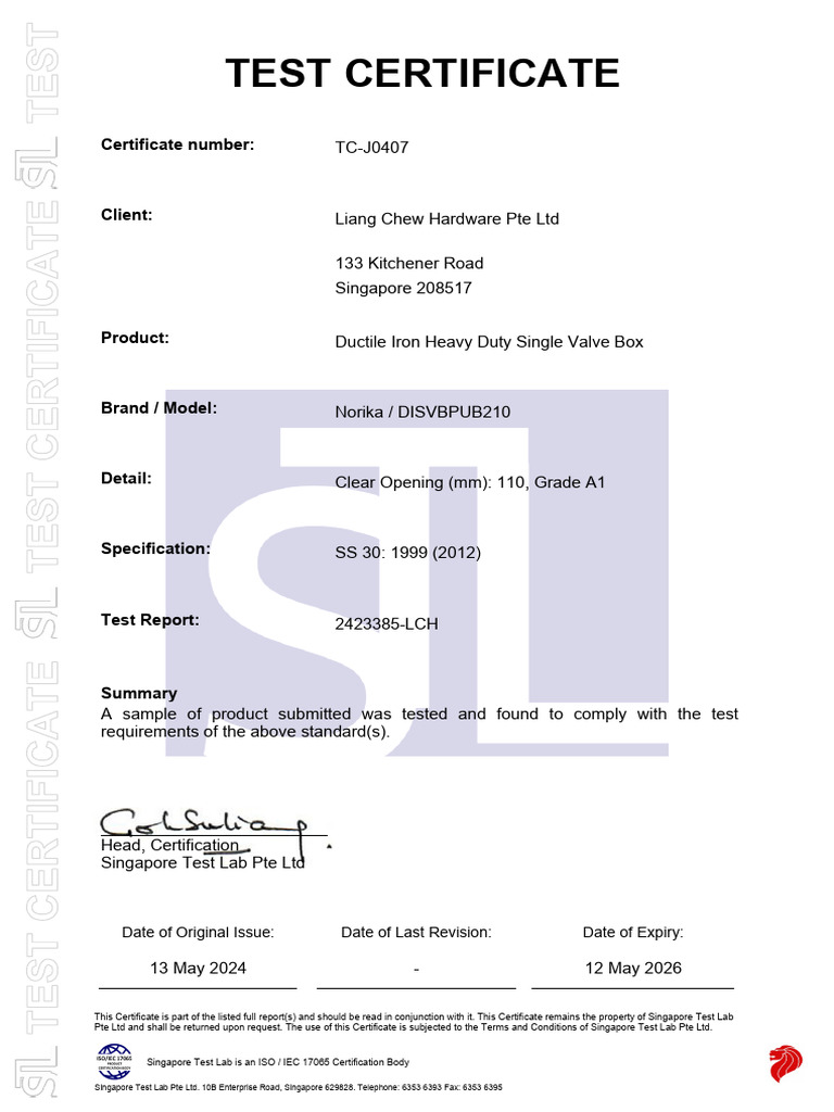 Single Valve Box Square Top (PUB) Test Cert (DOT-12.05.2026) | PDF