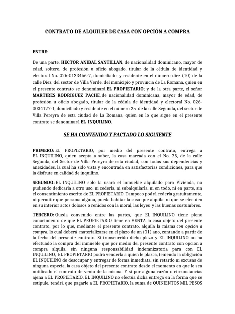 Contrato de Alquiler de Casa Con Opción A Compra | PDF | Documento de ...