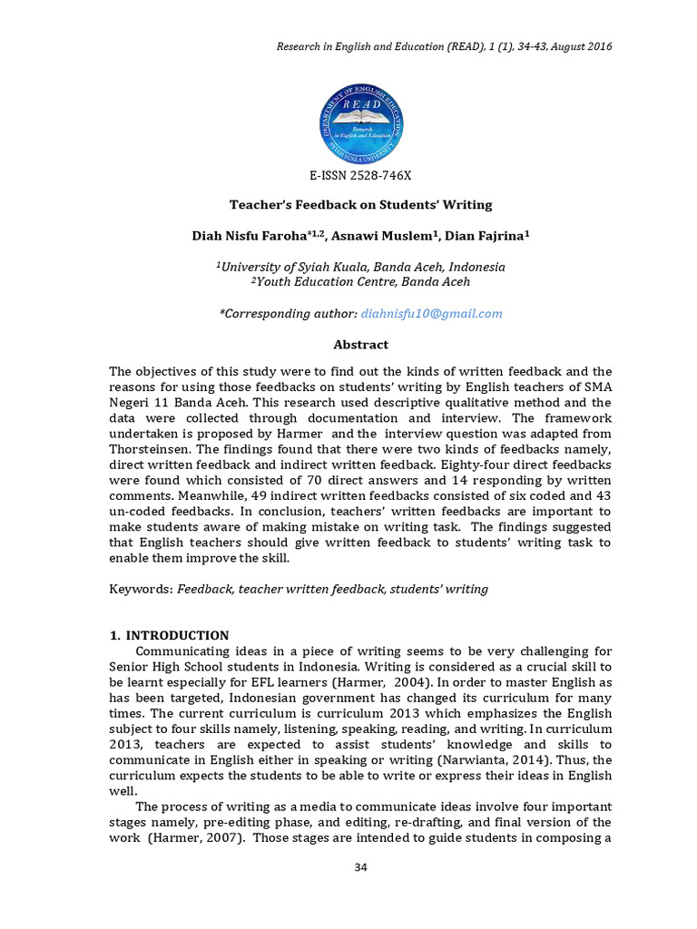 Teacher Feedback on Writing Skills | PDF | English As A Second Or ...