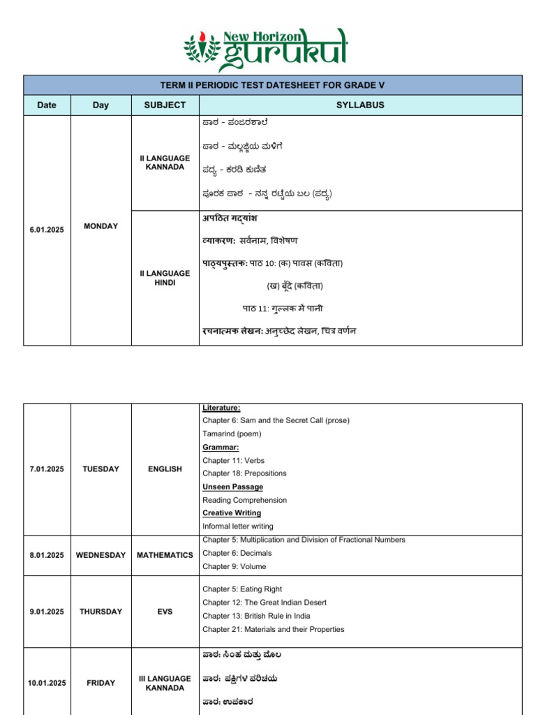 Grade V Datesheet For Term II PT 1733896811 | PDF