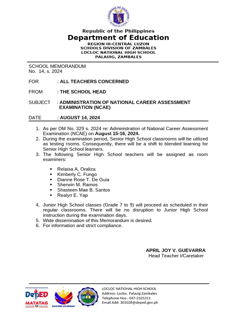 NCAE Exam Schedule and Guidelines | PDF