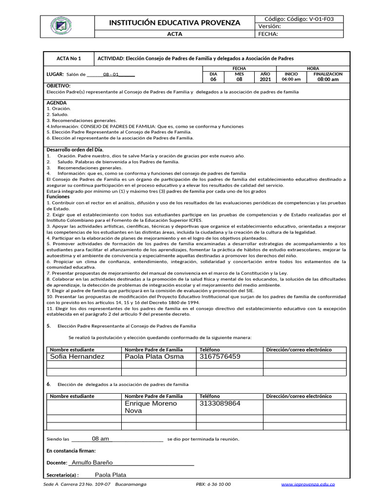 ACTA No 01 Reunion Padres de Familia - 2021 - P2 | PDF