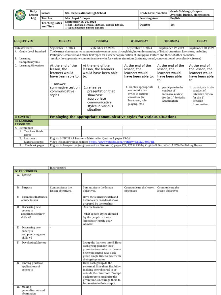 Grade 9 English Lesson Plan | PDF | Learning | Teachers