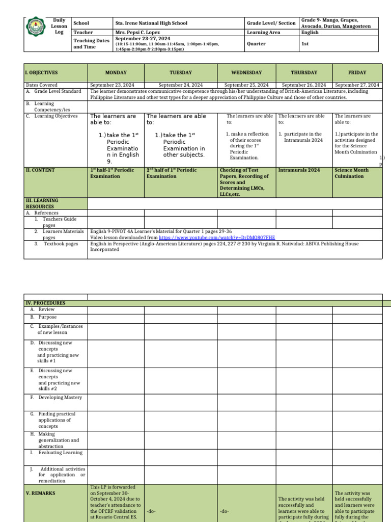 Grade 9 English Lesson Plan Sept 2024 | PDF | Learning | Human ...