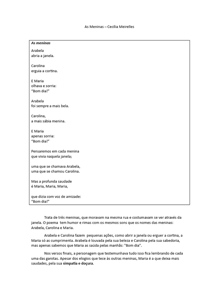 As Meninas: Poema de Cecília Meirelles | PDF