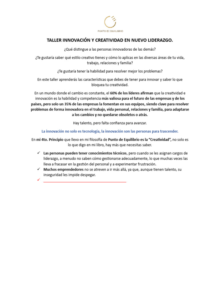 Taller de Innovación y Creatividad 2024 | PDF | Creatividad | Liderazgo
