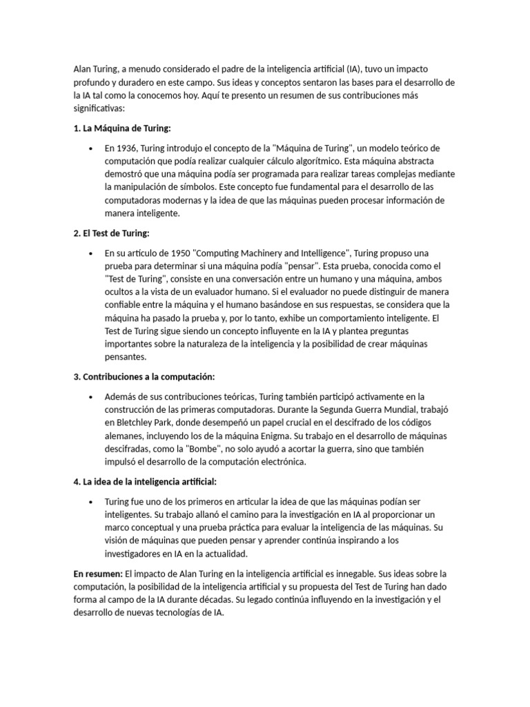 Legado de Alan Turing en IA | PDF | Alan Turing | Inteligencia artificial