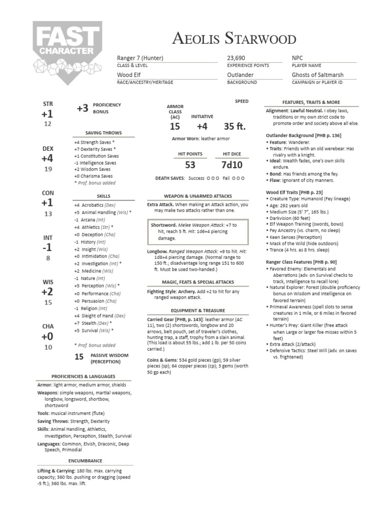 Wood Elf Ranger Character Sheet | PDF | Dungeons & Dragons | D20 System