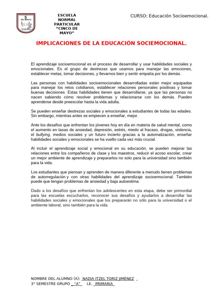 Implicaciones de la Educación Socioemocional | PDF