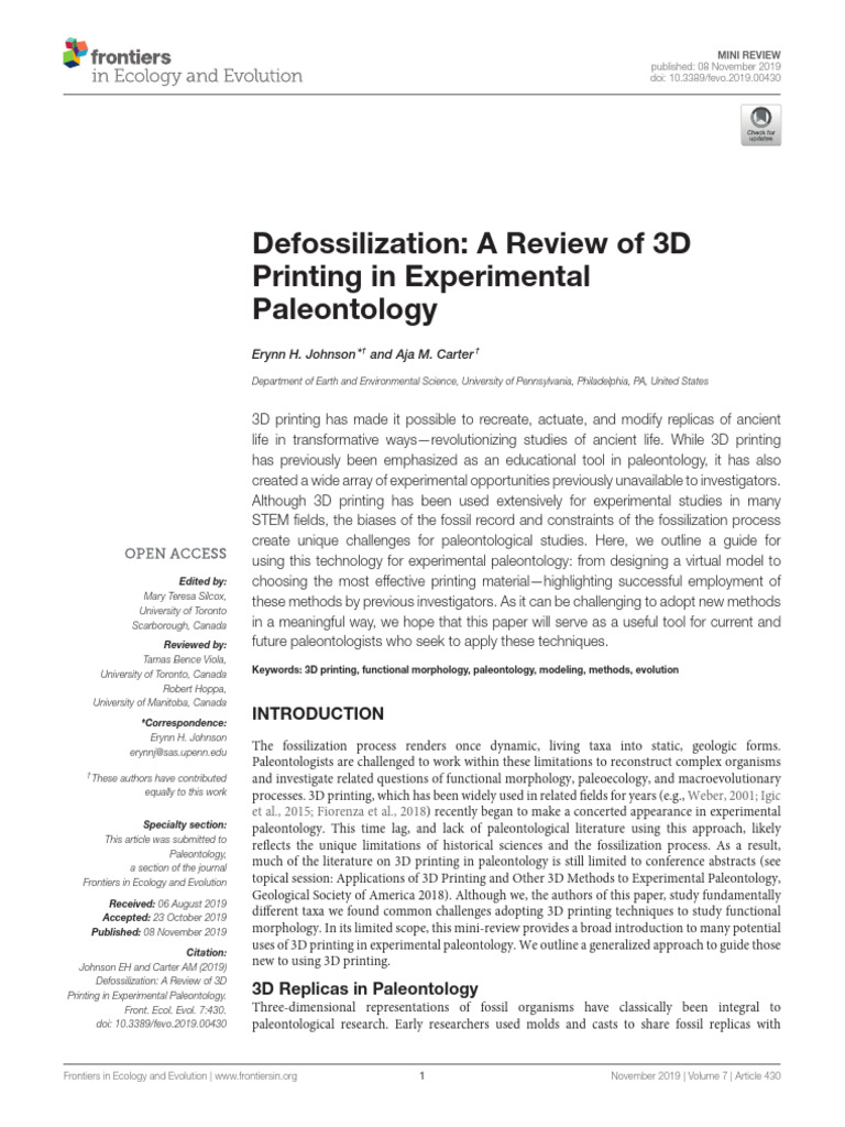 Johnson., 2019. Defossilization A Review of 3D Printing in Experimental ...