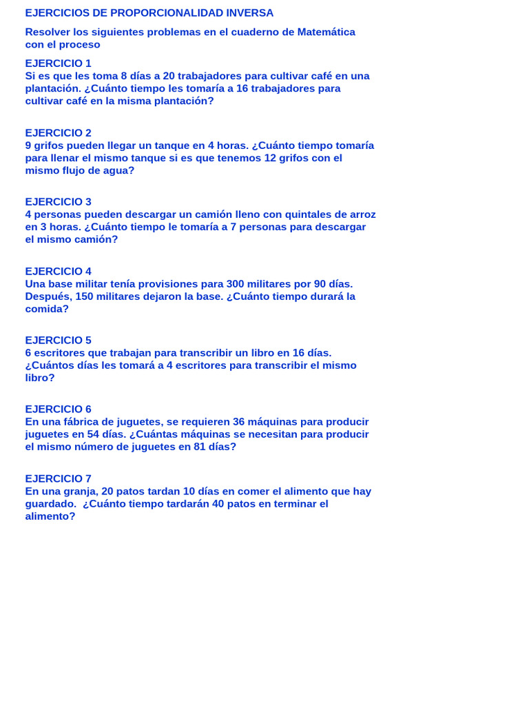 Ejercicios de Proporcionalidad Inversa | PDF