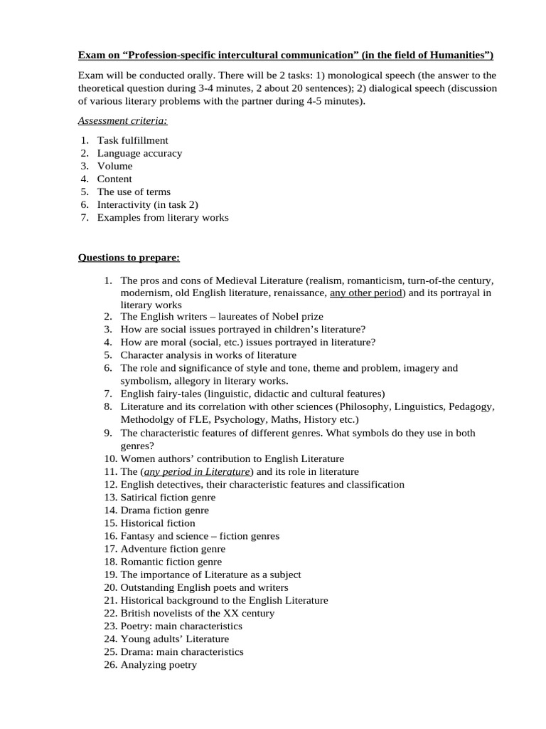 Intercultural Communication Exam Guide | PDF | Genre | English Literature