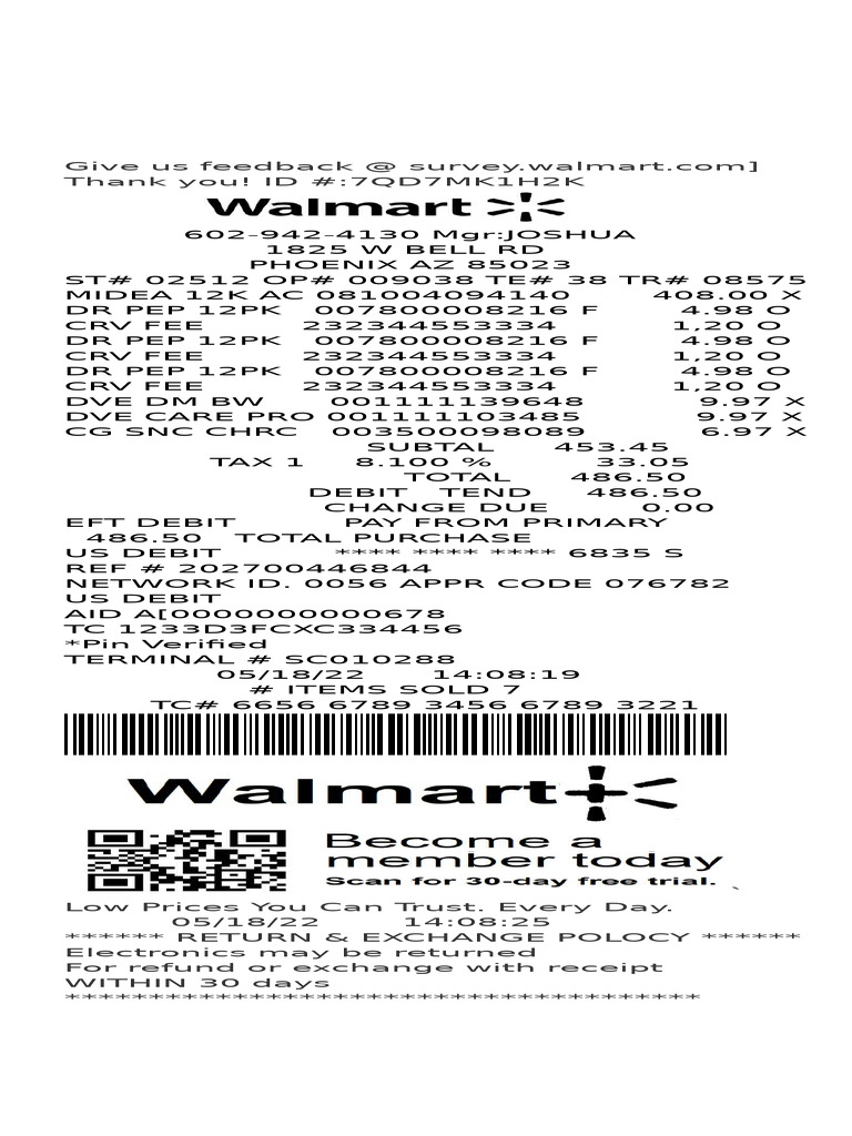 Walmart Purchase Receipt Details | PDF