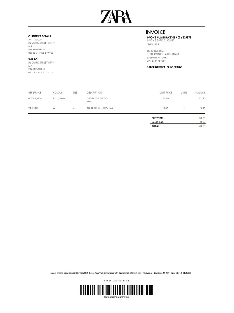 Zara Invoice for Cropped Knit Top | PDF | Business