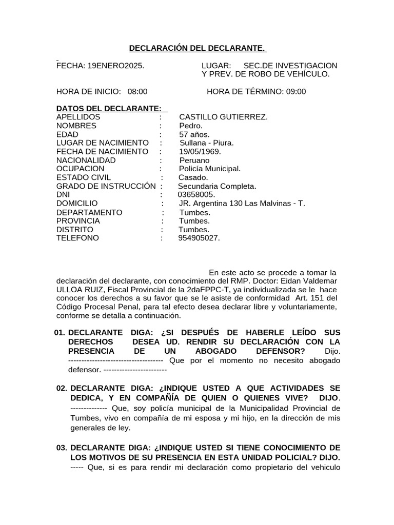 Declaración de Robo de Motocicleta | PDF | Justicia | Crimen y violencia