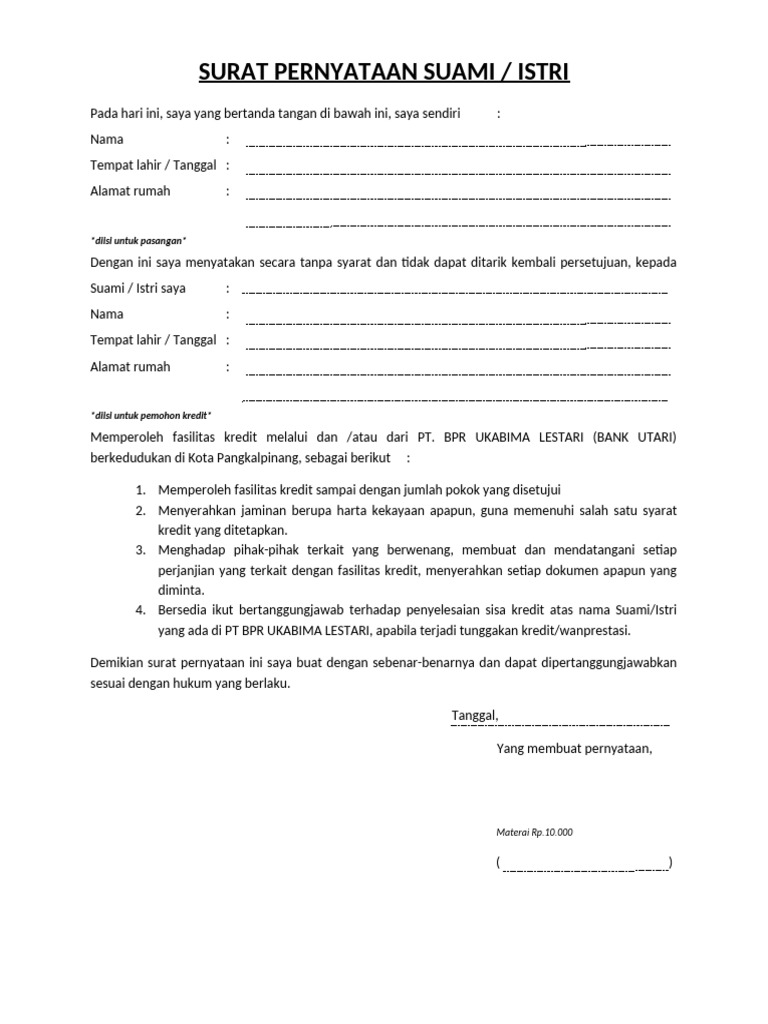 Surat Pernyataan Suami/Istri untuk Kredit PDF