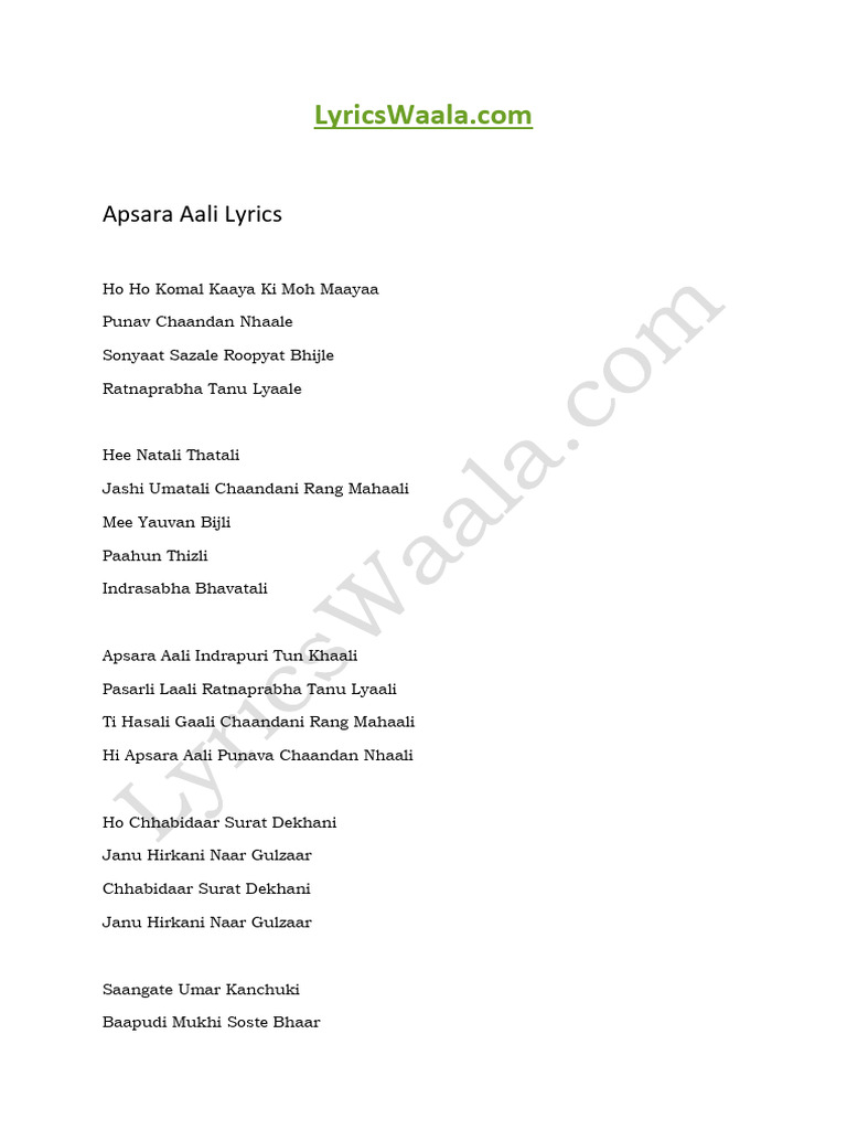 Apsara Aali Lyrics PDF