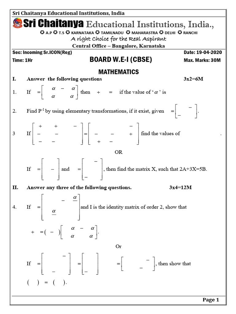 Sri Chaitanya Math Exam Paper | PDF | Matrix (Mathematics ...