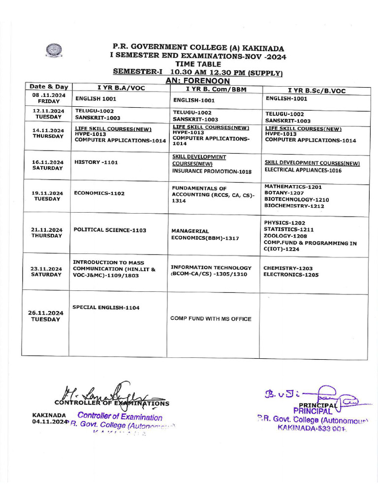 Odd Sem Time Table Nov 2024 PDF | PDF