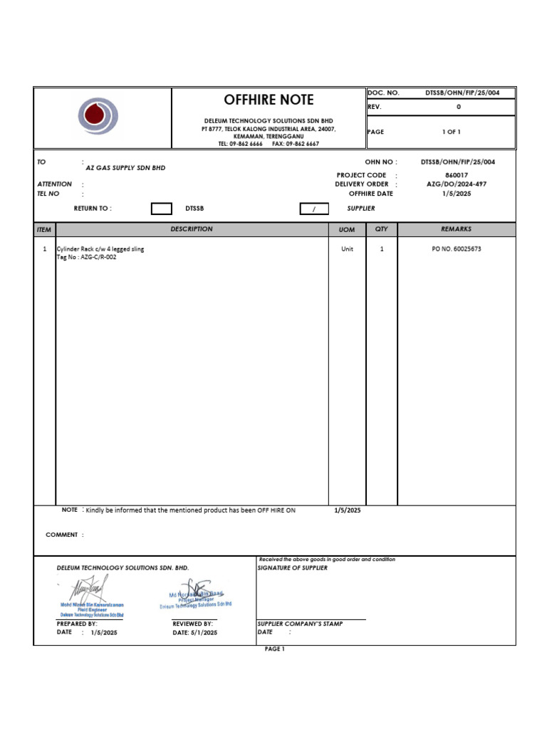 Offhire Note for Cylinder Rack | PDF