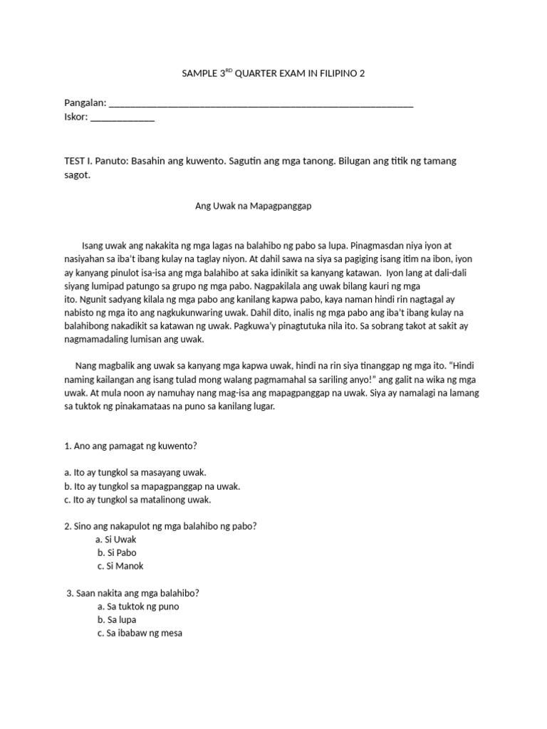 Sample 3RD Quarter Exam in Filipino and English | PDF