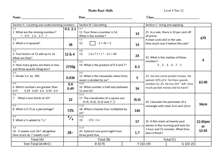 Level 4 Maths Skills Test Guide | PDF | Arithmetic | Mathematics