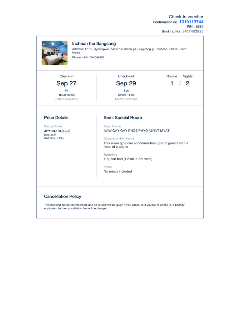 Incheon Hotel Check-in Voucher Details | PDF