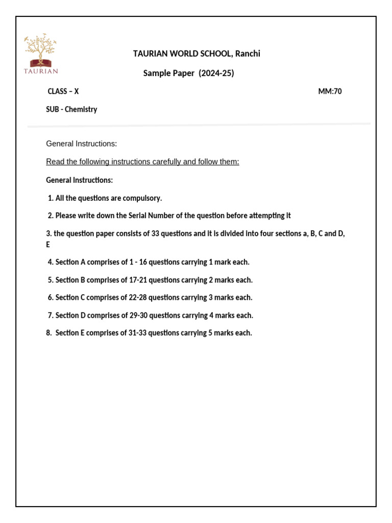 Class 10 Chemistry Sample Paper 2024-25 | PDF | Chemical Elements | Metals