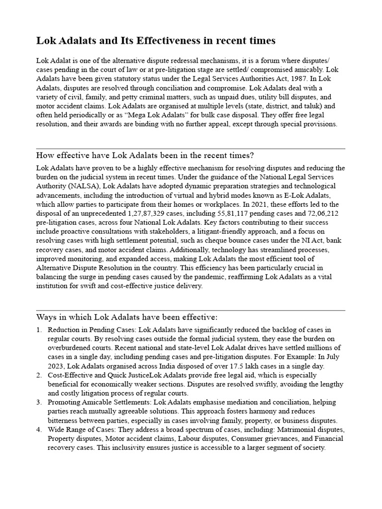 Effectiveness of Lok Adalats in Recene Times | PDF | Alternative ...