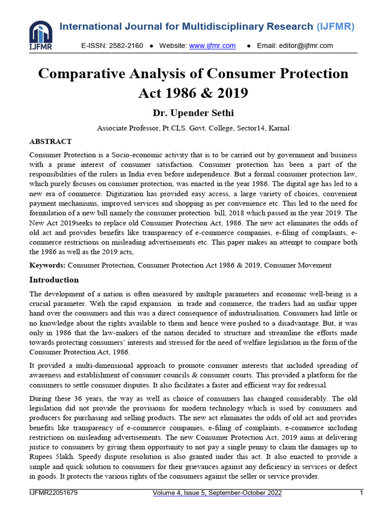 Comparative Analysis of Consumer Protection Act 1986 & 2019 ...