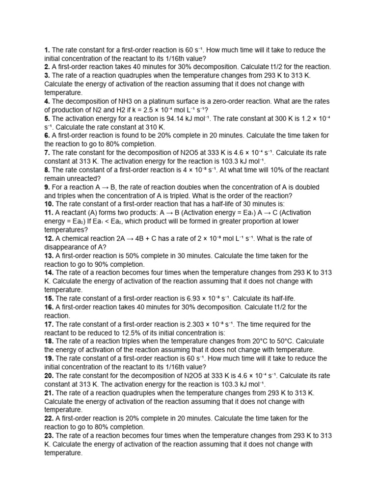 Chemical Kinetics Problems and Solutions | PDF | Reaction Rate ...