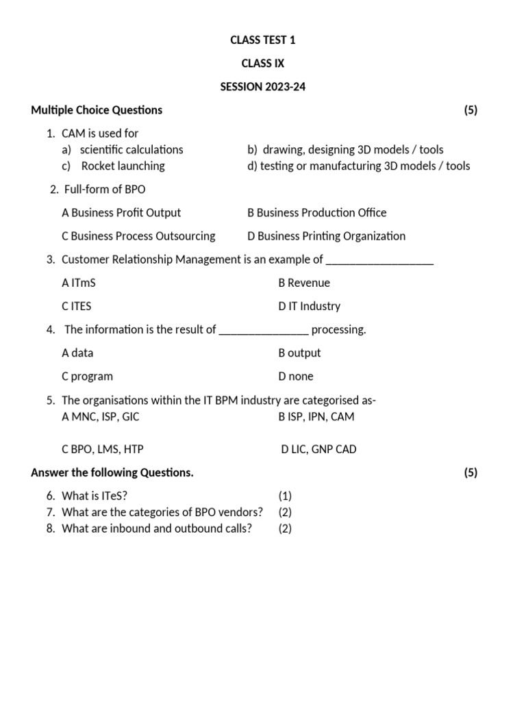 Class IX IT & BPO MCQ Test 2023-24 | PDF