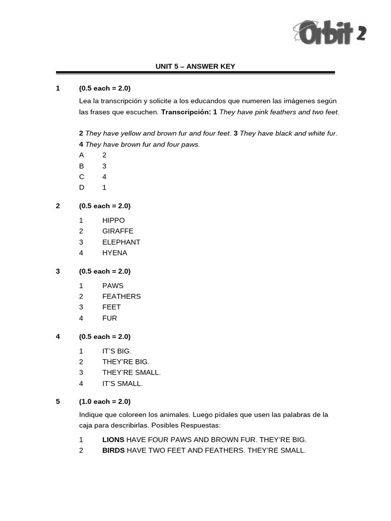Unit 5 Answer Key for Animal Descriptions | PDF