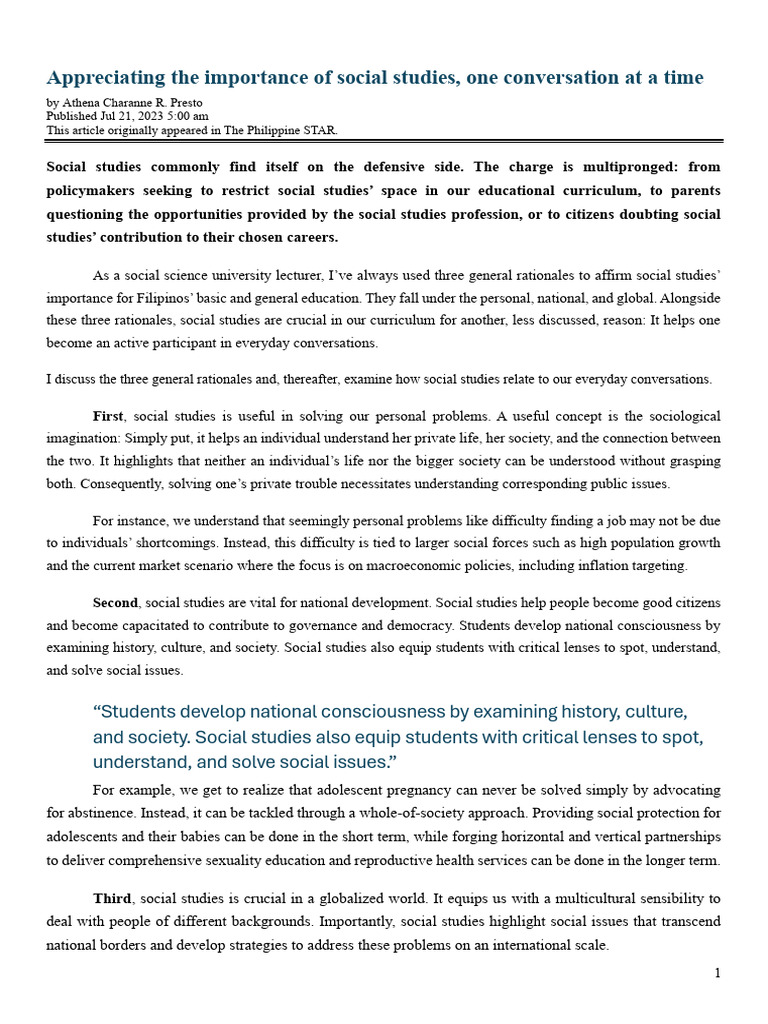 Importance of Social Studies in Conversations | PDF | Liberal Arts ...