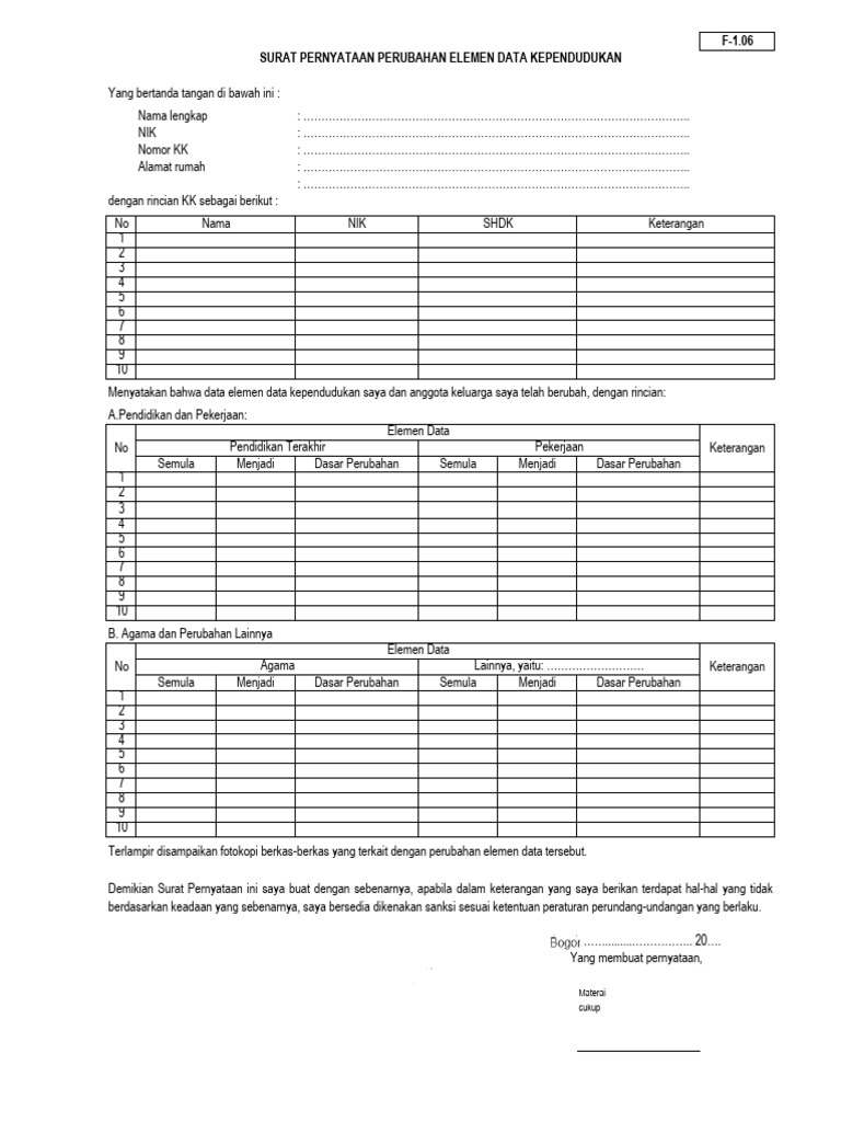 Surat Pernyataan Perubahan Data KK | PDF