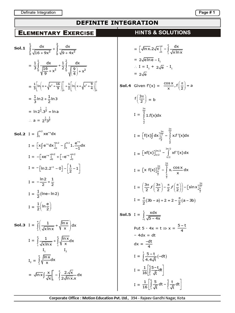 Definiteintegration Solutions 1 Jee Motion Lectures Pdf