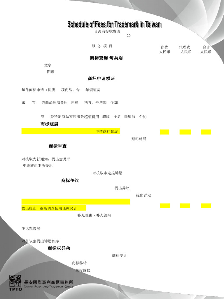 2020 台灣商標收費表(中國事務所) 2020.01.01 | PDF | Trademark | Civil Law (Common Law)