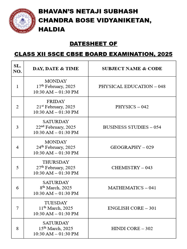 Class XII CBSE Exam Datesheet 2025 | PDF