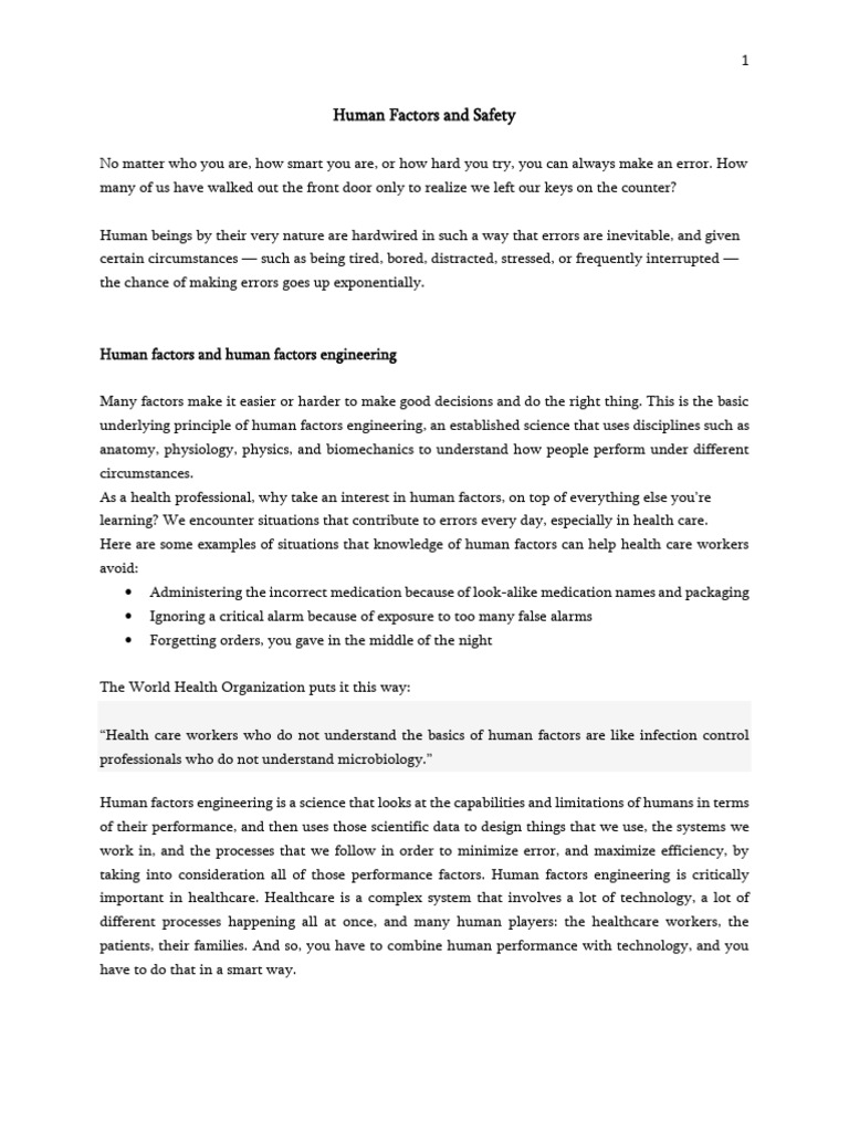 Human Factors in Healthcare Safety | PDF | Thought | Human Factors And ...