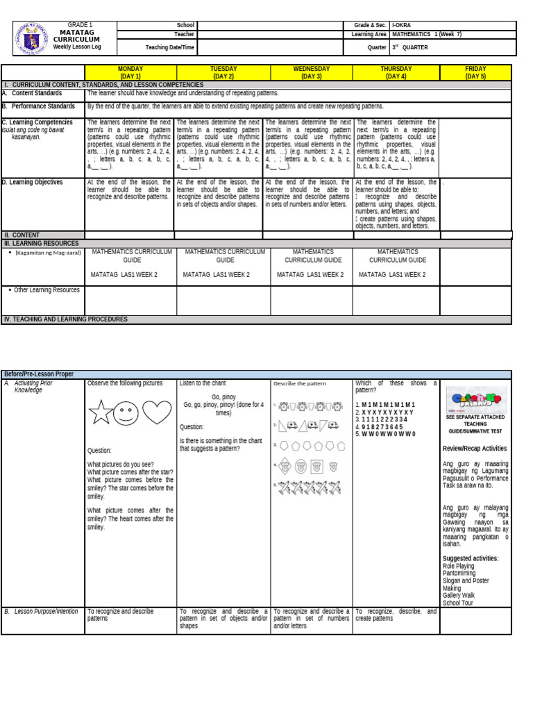 Grade 1 Mathematics Weekly Lesson Plan | PDF | Pattern | Curriculum