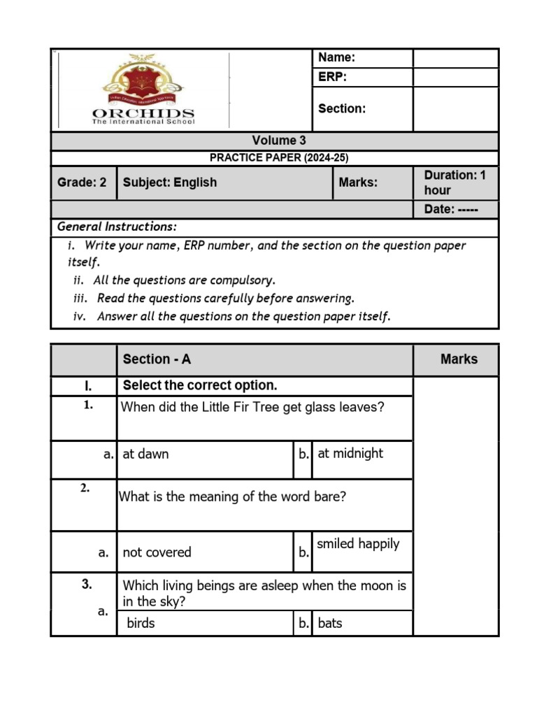 Grade 2 English Practice Paper 2024-25 | PDF
