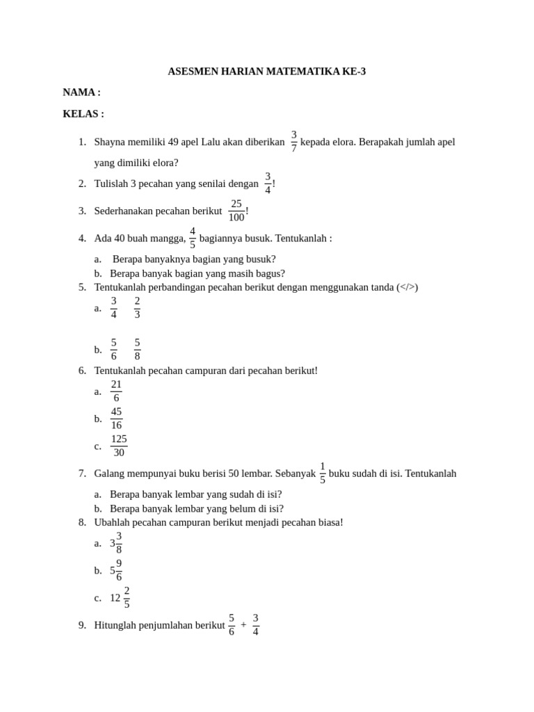 Soal Asesmen Matematika Kelas 3 | PDF