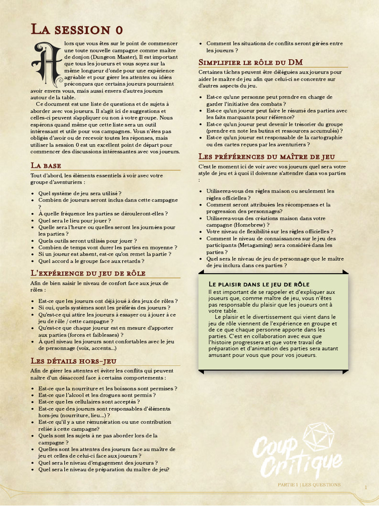 Guide de la Session 0 pour DM | PDF