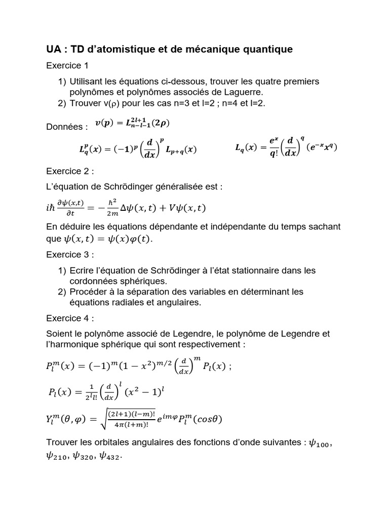 TD Atomistique Et Meca Quantique | PDF | Orbitale atomique | Physique