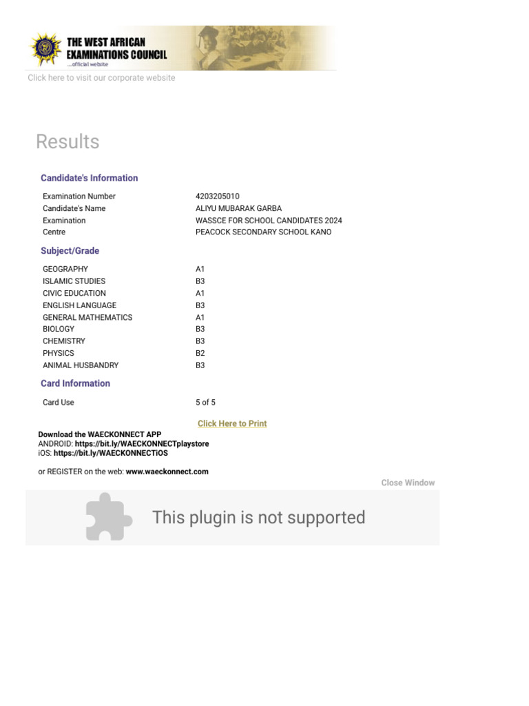 Waecdirect Online - Results | PDF