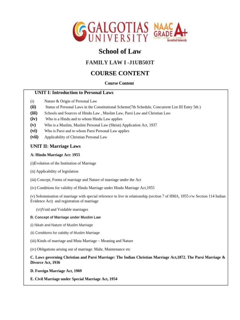 Family Law Course Overview and Content | PDF | Divorce | Marriage