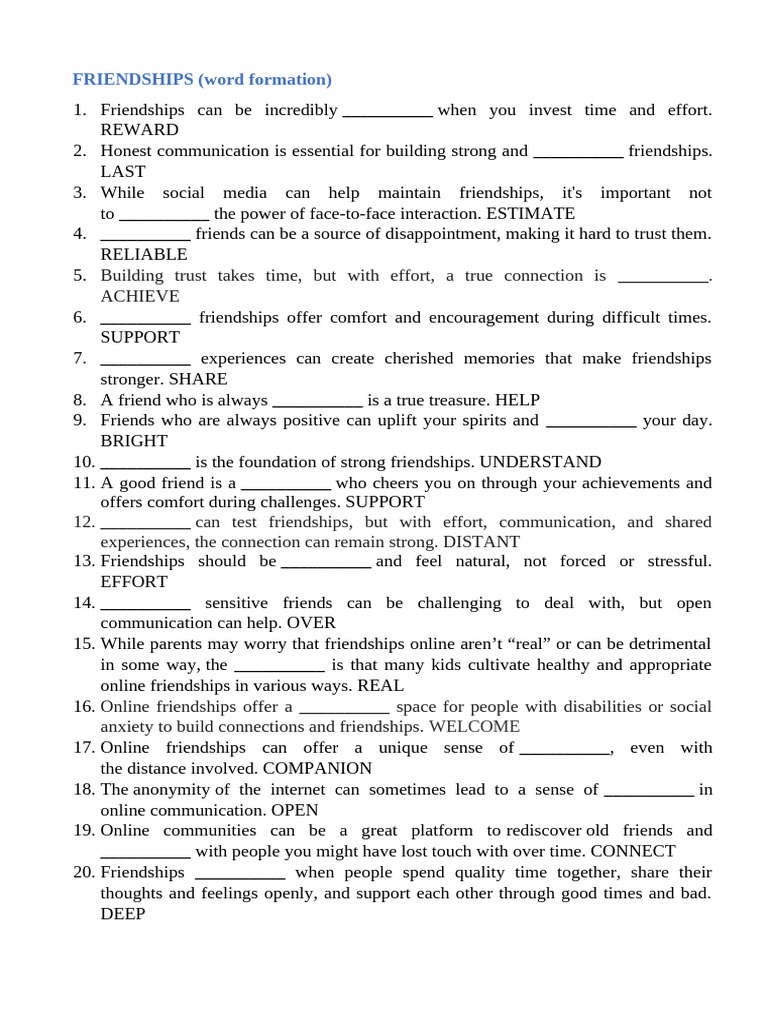 Friendships Word Formation | PDF | Communication | Psychology