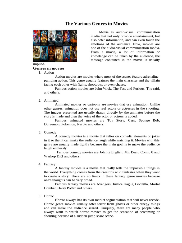 The Various Genres in Movies | PDF | Horror Films | Action Films