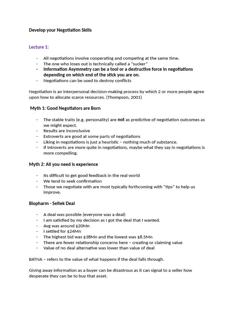 Develop Your Negotiation Skills - Notes | PDF | Negotiation | Risk Aversion